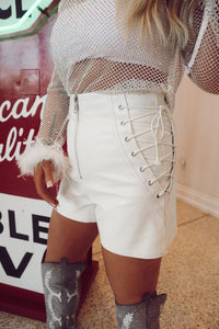 White Faux Leather Lace Up Shorts