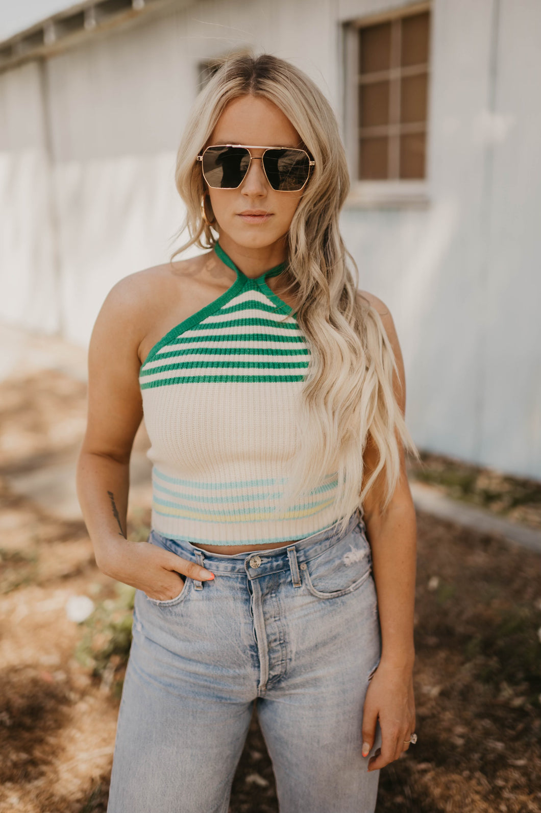 Green Knit Striped Halter Tank